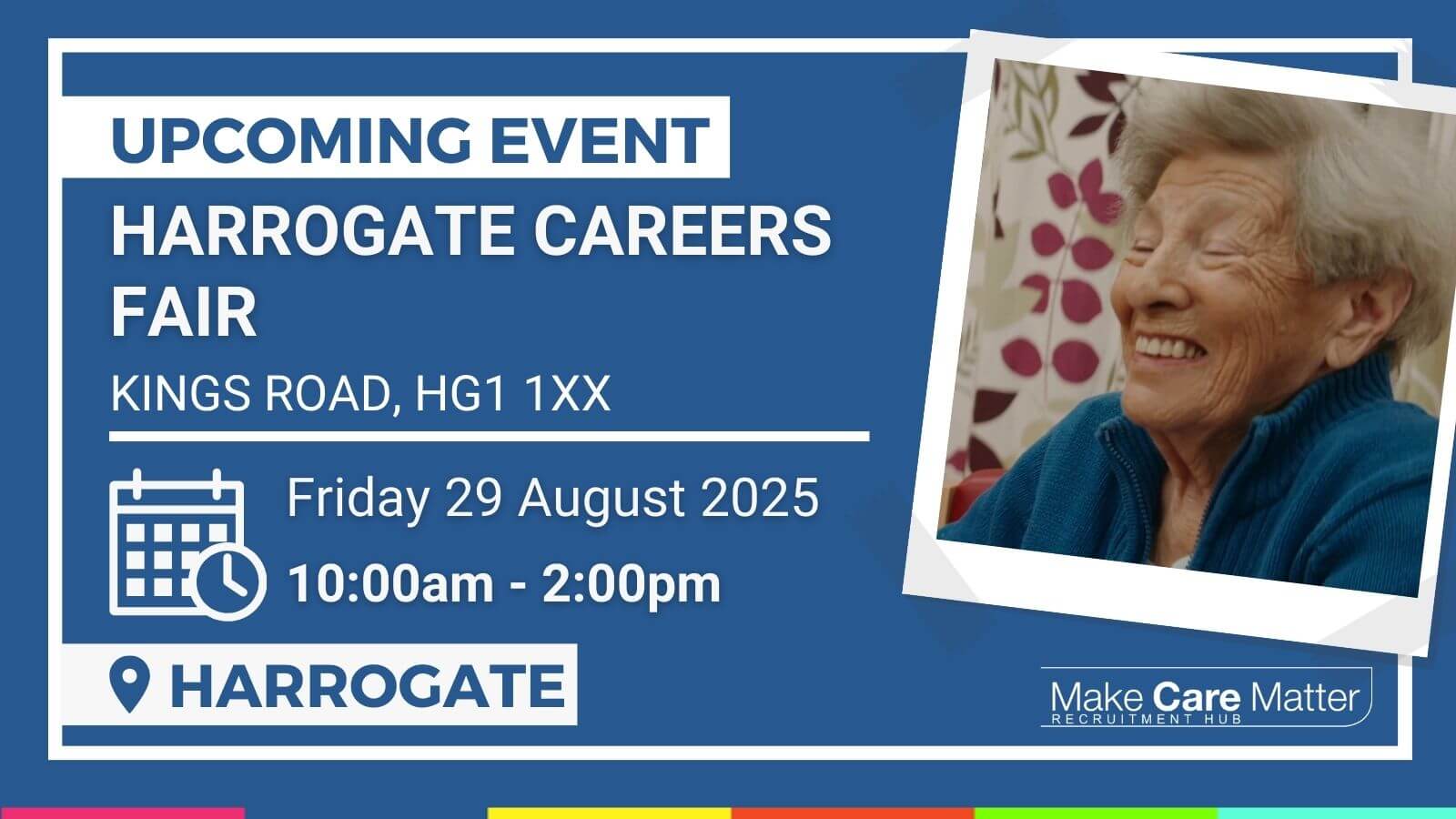 Harrogate Careers Fair Graphic of Scarborough Jobs Fair 2025, top right care worker working